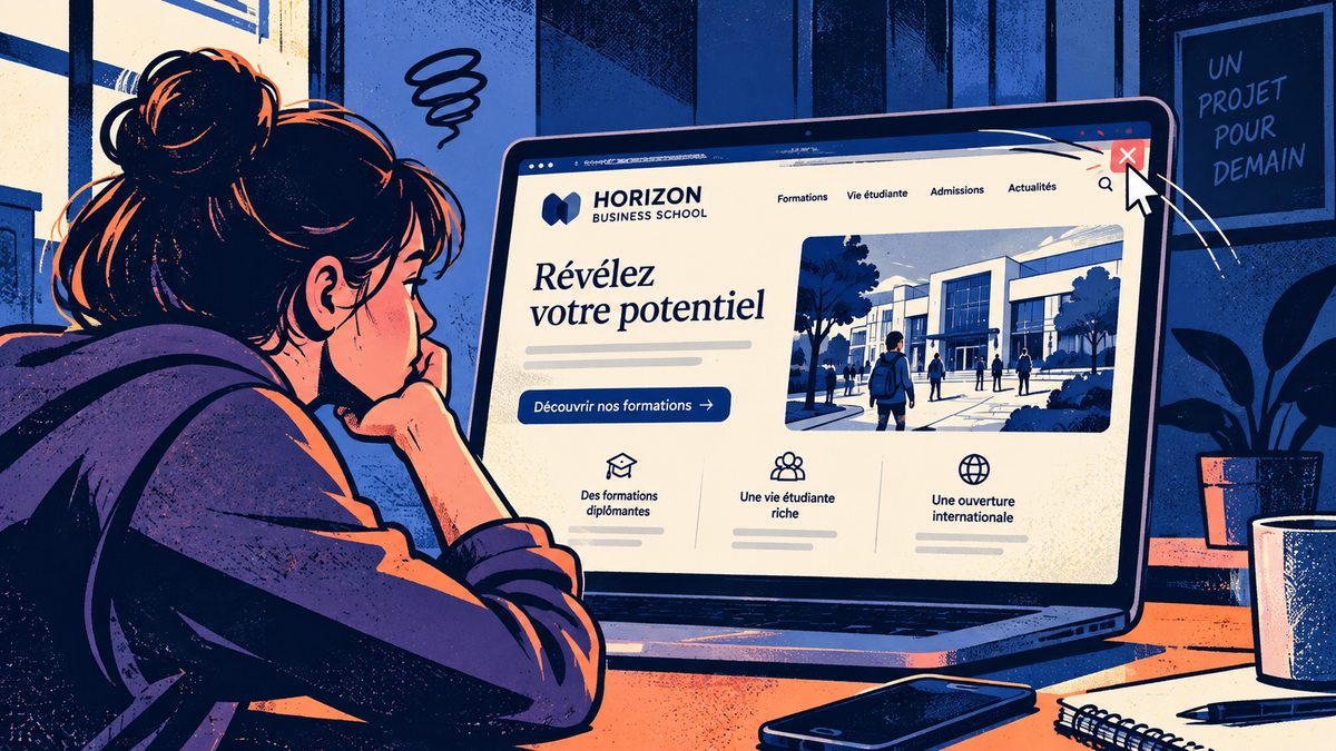 Illustration aux couleurs Lead-ia : un visiteur quitte le site d'une école sans laisser ses coordonnées